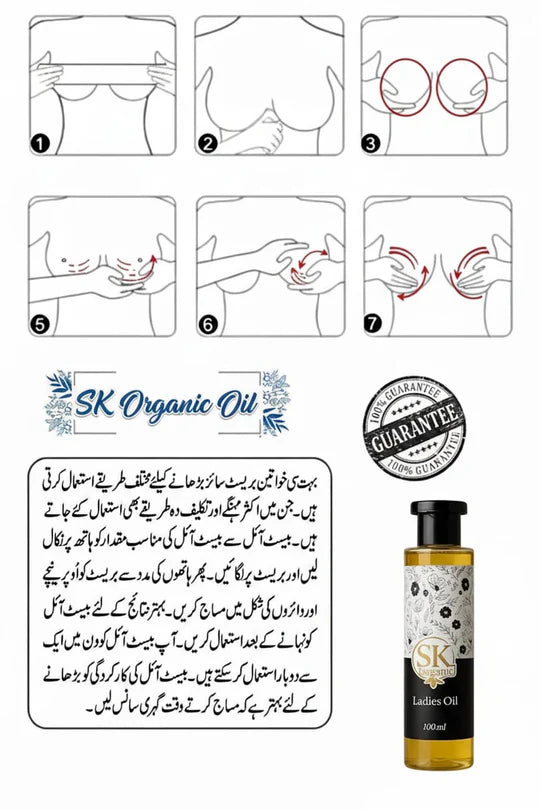 Step-by-step massage guide to increase breast size naturally with SK Organic Ladies Oil.